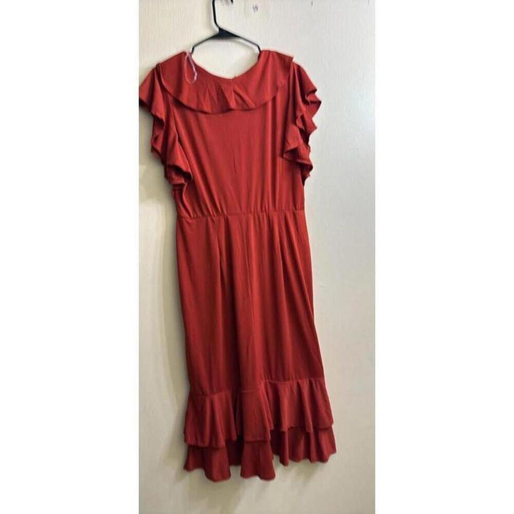 NY Collection Rust Ruffle Midi‎ Dress Size L - Picture 3 of 4